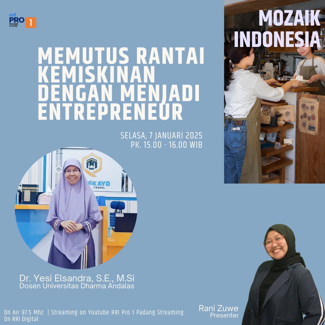 Ketua LPPM Universitas Dharma Andalas, Dr. Yesi Elsandra, SE., M.Si., Inspirasi di Mozaik Indonesia RRI Pro 1 Padang